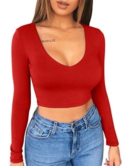 XXTAXN Women's Sexy Bodycon Basic Scoop Neck Long Sleeve Slim Solid Color Crop Top