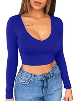 XXTAXN Women's Sexy Bodycon Basic Scoop Neck Long Sleeve Slim Solid Color Crop Top