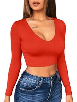 XXTAXN Women's Sexy Bodycon Basic Scoop Neck Long Sleeve Slim Solid Color Crop Top