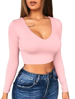 XXTAXN Women's Sexy Bodycon Basic Scoop Neck Long Sleeve Slim Solid Color Crop Top