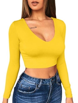 XXTAXN Women's Sexy Bodycon Basic Scoop Neck Long Sleeve Slim Solid Color Crop Top