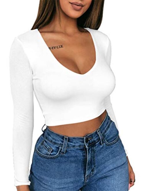 XXTAXN Women's Sexy Bodycon Basic Scoop Neck Long Sleeve Slim Solid Color Crop Top