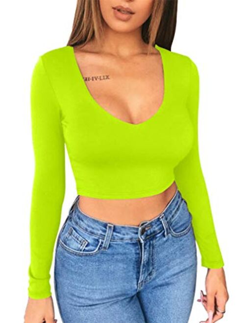 XXTAXN Women's Sexy Bodycon Basic Scoop Neck Long Sleeve Slim Solid Color Crop Top