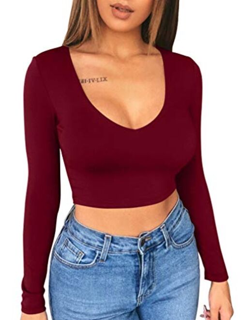 XXTAXN Women's Sexy Bodycon Basic Scoop Neck Long Sleeve Slim Solid Color Crop Top