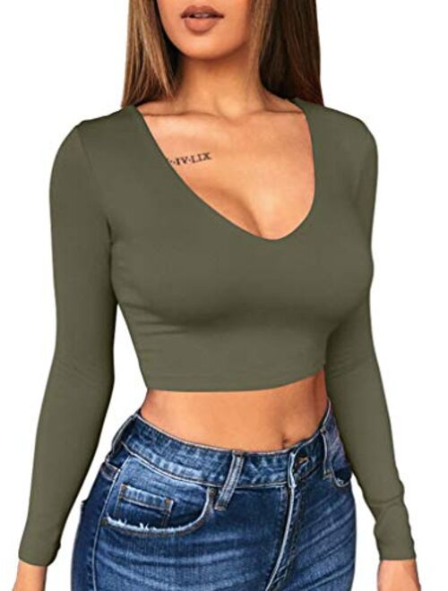 XXTAXN Women's Sexy Bodycon Basic Scoop Neck Long Sleeve Slim Solid Color Crop Top