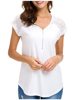 Women Lace Shirt Plain Casual Short Sleeve White Zip Up V Neck Cotton