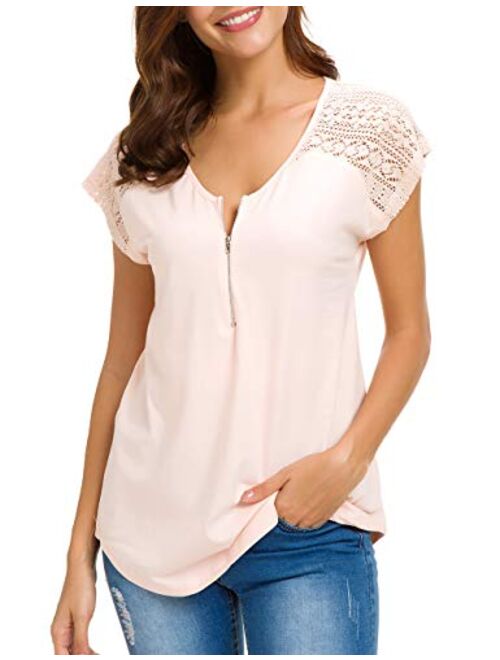 Women Lace Shirt Plain Casual Short Sleeve White Zip Up V Neck Cotton