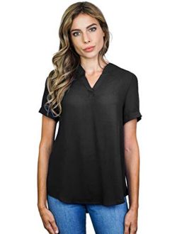 roswear Women's Casual Blouse V Neck Short Sleeve Top Shirts