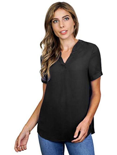 roswear Women's Casual Blouse V Neck Short Sleeve Top Shirts