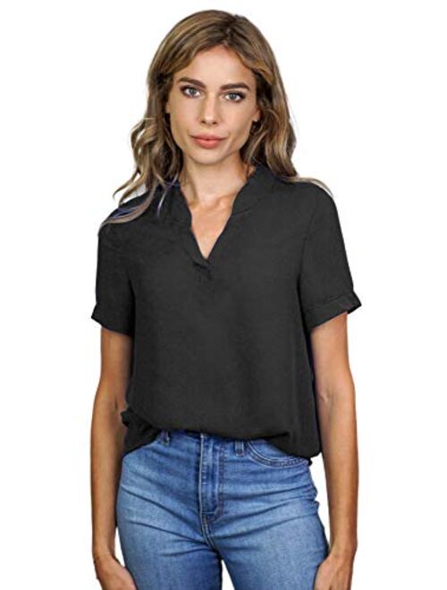 roswear Women's Casual Blouse V Neck Short Sleeve Top Shirts