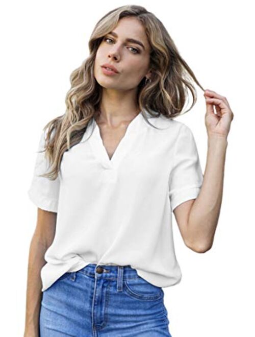 roswear Women's Casual Blouse V Neck Short Sleeve Top Shirts