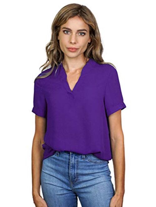 roswear Women's Casual Blouse V Neck Short Sleeve Top Shirts