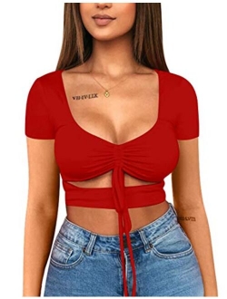 Mizoci Women's Sexy Ruched Tie Up Crop Top Basic Long Sleeve Cut Out T Shirt