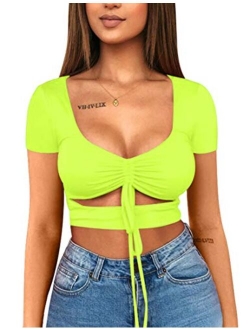 Mizoci Women's Sexy Ruched Tie Up Crop Top Basic Long Sleeve Cut Out T Shirt