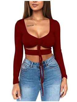 Mizoci Women's Sexy Ruched Tie Up Crop Top Basic Long Sleeve Cut Out T Shirt