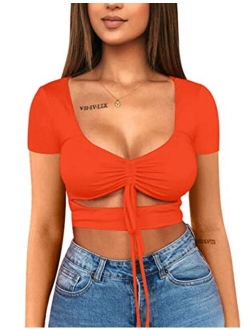 Mizoci Women's Sexy Ruched Tie Up Crop Top Basic Long Sleeve Cut Out T Shirt