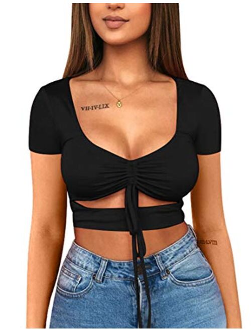 Mizoci Women's Sexy Ruched Tie Up Crop Top Basic Long Sleeve Cut Out T Shirt