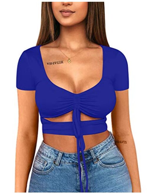 Mizoci Women's Sexy Ruched Tie Up Crop Top Basic Long Sleeve Cut Out T Shirt