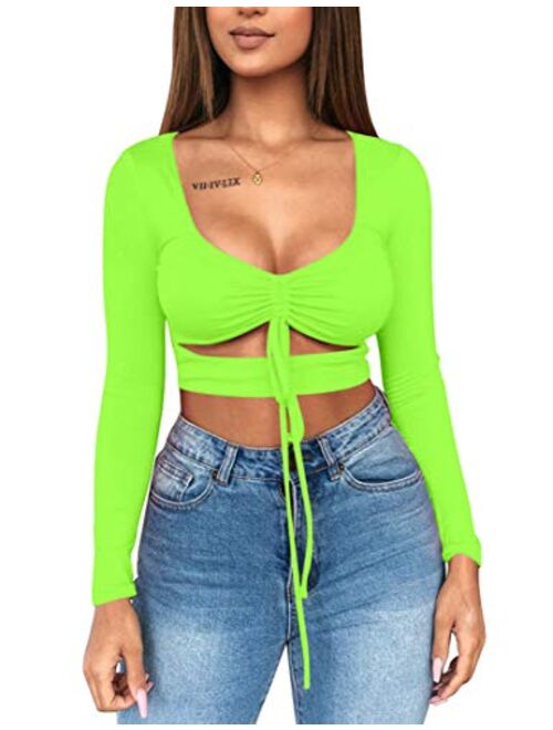 Mizoci Women's Sexy Ruched Tie Up Crop Top Basic Long Sleeve Cut Out T Shirt