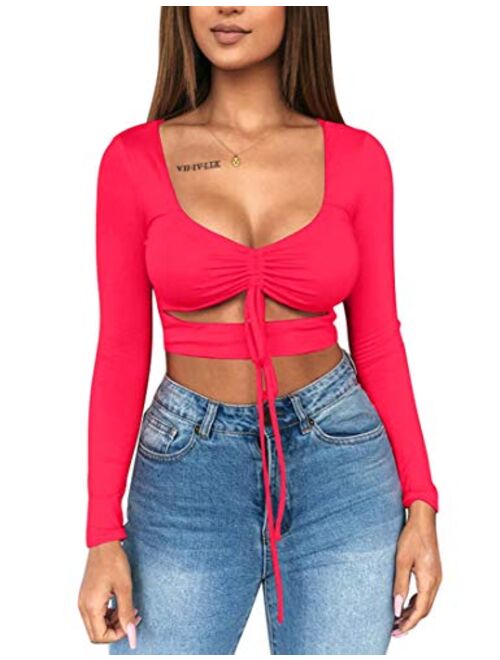 Mizoci Women's Sexy Ruched Tie Up Crop Top Basic Long Sleeve Cut Out T Shirt