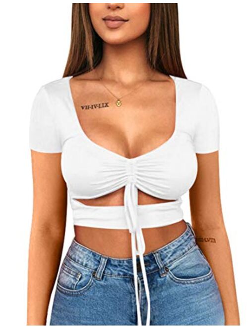 Mizoci Women's Sexy Ruched Tie Up Crop Top Basic Long Sleeve Cut Out T Shirt