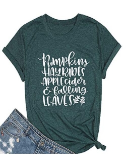 Pumpkins Hayrides Apple Cider and Falling Leaves T-Shirt Women Funny Letter Printed Graphic Fall Tee Tops