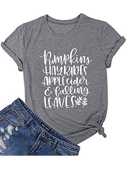 Pumpkins Hayrides Apple Cider and Falling Leaves T-Shirt Women Funny Letter Printed Graphic Fall Tee Tops