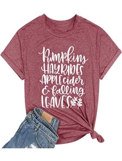 Pumpkins Hayrides Apple Cider and Falling Leaves T-Shirt Women Funny Letter Printed Graphic Fall Tee Tops