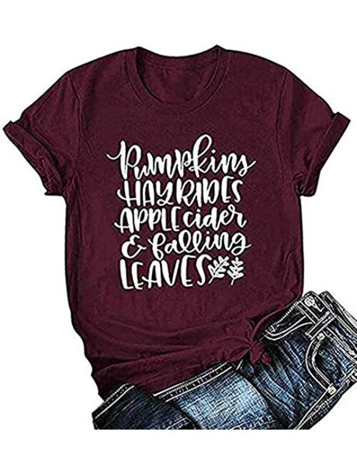 Pumpkins Hayrides Apple Cider and Falling Leaves T-Shirt Women Funny Letter Printed Graphic Fall Tee Tops