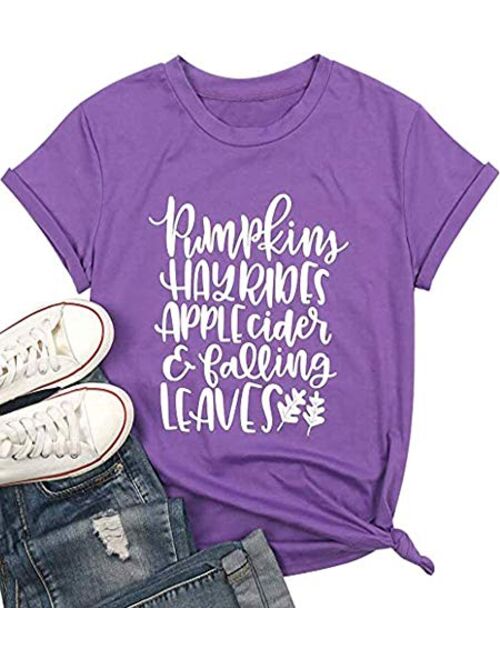 Pumpkins Hayrides Apple Cider and Falling Leaves T-Shirt Women Funny Letter Printed Graphic Fall Tee Tops