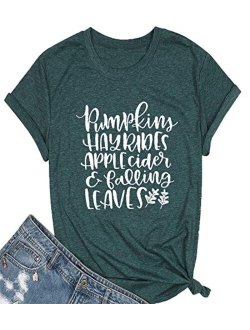 Pumpkins Hayrides Apple Cider and Falling Leaves T-Shirt Women Funny Letter Printed Graphic Fall Tee Tops