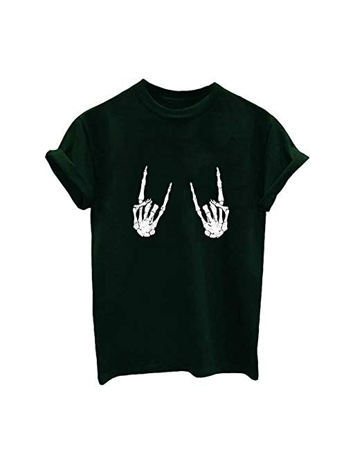 Antopmen Women Skull Finger Printed Pullover Casual Tees T-Shirt Short Sleeve Tops