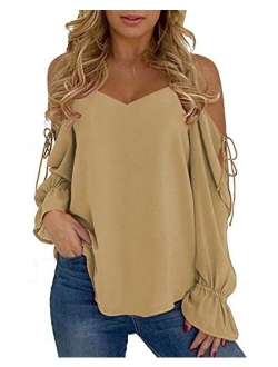 YOINS Cold Shoulder Long Sleeves Tops for Women Sexy V Neck Lace-up Chiffon Casual Loose T Shirts