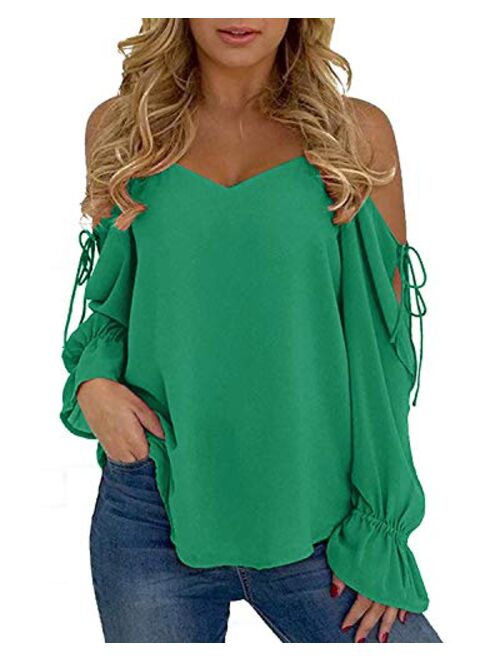 YOINS Cold Shoulder Long Sleeves Tops for Women Sexy V Neck Lace-up Chiffon Casual Loose T Shirts