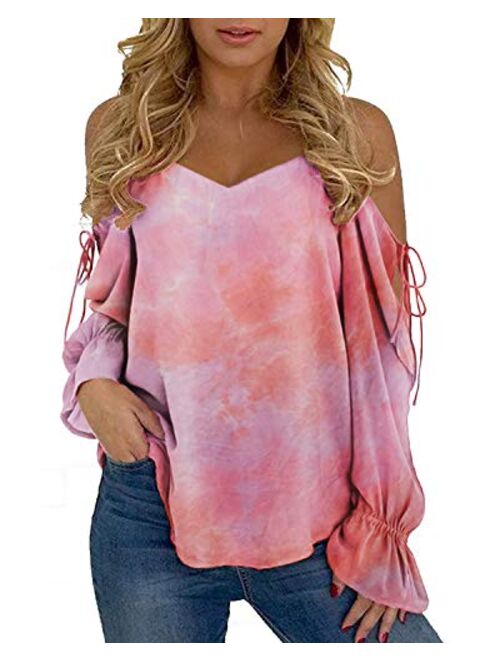 YOINS Cold Shoulder Long Sleeves Tops for Women Sexy V Neck Lace-up Chiffon Casual Loose T Shirts