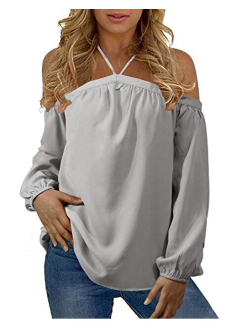 YOINS Cold Shoulder Long Sleeves Tops for Women Sexy V Neck Lace-up Chiffon Casual Loose T Shirts