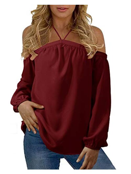 YOINS Cold Shoulder Long Sleeves Tops for Women Sexy V Neck Lace-up Chiffon Casual Loose T Shirts