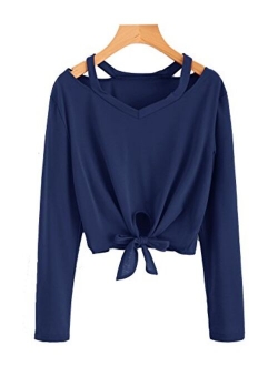 Women's Crop T-Shirt Tie Front Long Sleeve Cut Out Casual Blouse Top