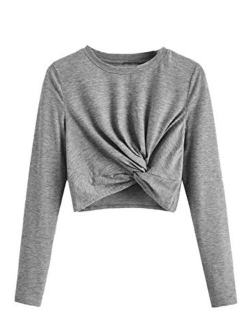 Women's Crop T-Shirt Tie Front Long Sleeve Cut Out Casual Blouse Top