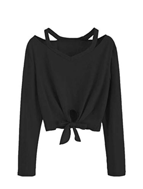 SweatyRocks Women's Crop T-Shirt Tie Front Long Sleeve Cut Out Casual Blouse Top