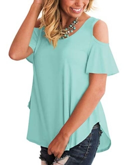 SLIMMING GRIL Women's Casual T Shirt Criss Cross V Neck Cold Shoulder Tops S-XXL