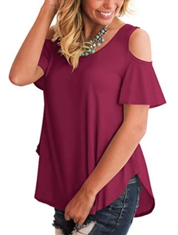 SLIMMING GRIL Women's Casual T Shirt Criss Cross V Neck Cold Shoulder Tops S-XXL