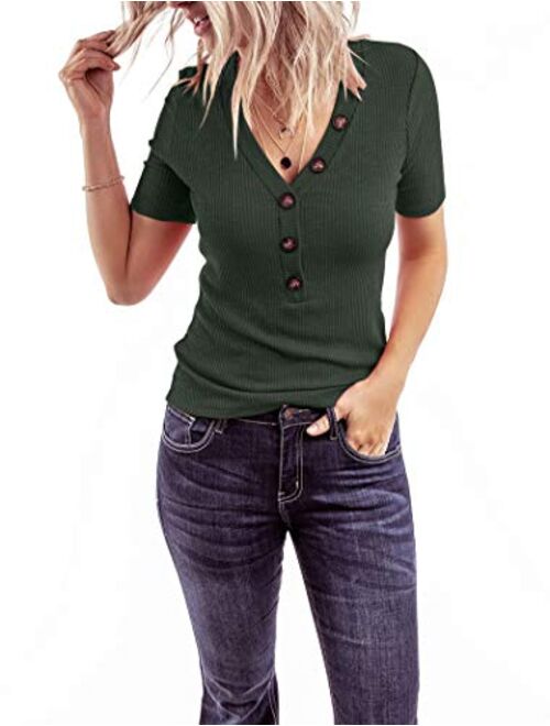 Minthunter Women's Short Sleeve T Shirts V Neck Shirts Ribbed Basic Henley Tops