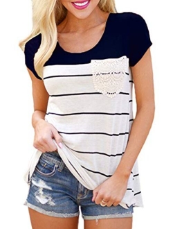 Hiistandd Womens Summer Short Sleeve Shirt Striped Color Block Casual Tops with Pocket