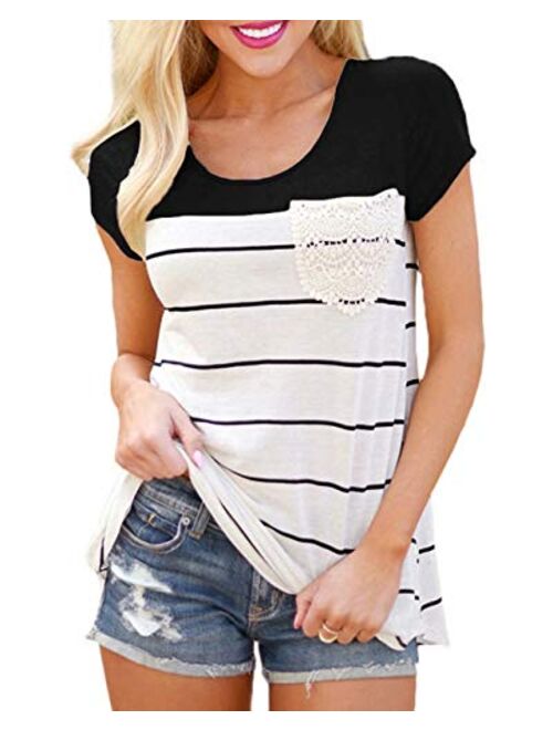 Hiistandd Womens Summer Short Sleeve Shirt Striped Color Block Casual Tops with Pocket