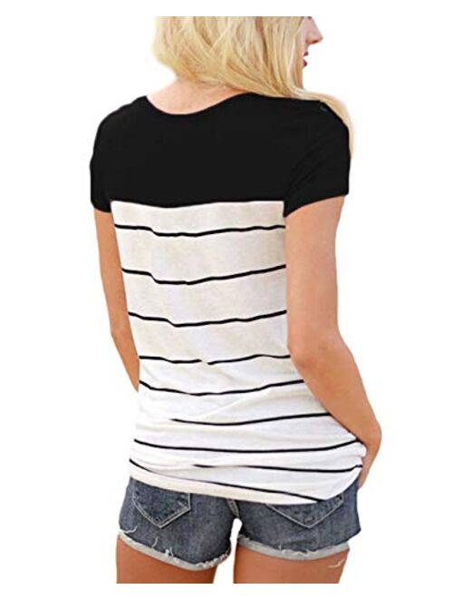 Hiistandd Womens Summer Short Sleeve Shirt Striped Color Block Casual Tops with Pocket