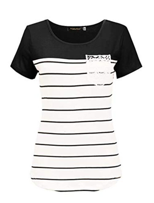 Hiistandd Womens Summer Short Sleeve Shirt Striped Color Block Casual Tops with Pocket