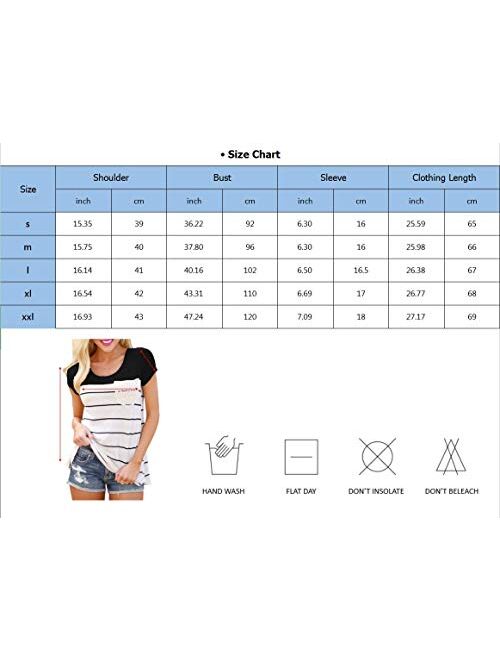 Hiistandd Womens Summer Short Sleeve Shirt Striped Color Block Casual Tops with Pocket