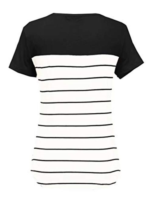 Hiistandd Womens Summer Short Sleeve Shirt Striped Color Block Casual Tops with Pocket