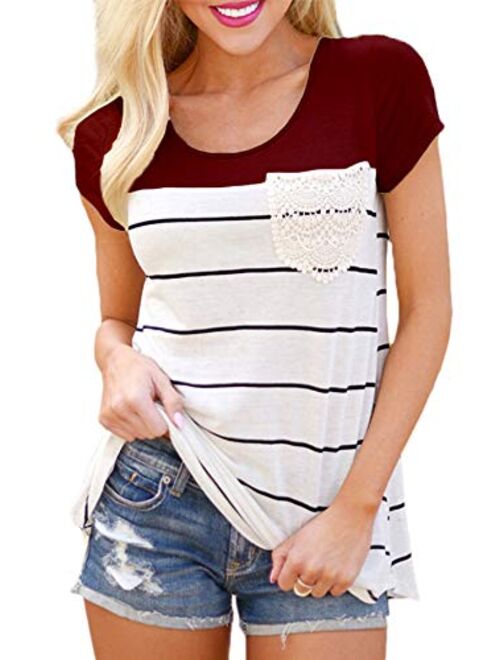 Hiistandd Womens Summer Short Sleeve Shirt Striped Color Block Casual Tops with Pocket